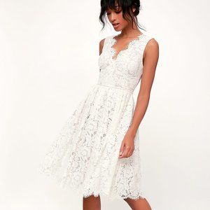 NWT Lulu's Love Swept White Lace Midi Skater Dress M